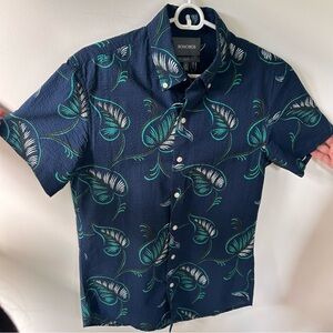 Bonobos Navy Short-Sleeve Button-Up with Teal and White Leaf Print